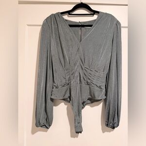 ASTR The Label Satin Bodysuit Wrap Front Long Sleeve Gray Size M